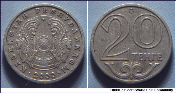 Kazakhstan | 
20 Teñge, 2000 | 
18.27 mm, 2.9 gr. | 
Copper-nickel-zinc | 

Obverse: National Coat of Arms, date below | 
Lettering: • ҚАЗАҚСТАН РЕСПУБЛИКАСЫ • 2000 | 

Reverse: Denomination | 
Lettering: ҚҰБ 20 ТЕҢГЕ |