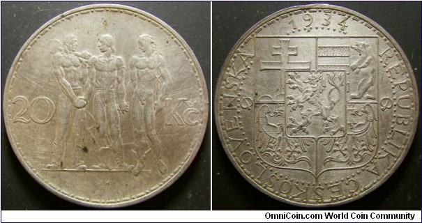 Czechoslovakia 1934 20 korun. Cleaned. Weight: 12.00g. 