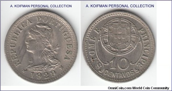 KM-2, 1929 St. Thomas and Principe (Portuguese colony) 10 centavos; nickel-bronze, reeded edge; average uncirculated or almost, few spots.