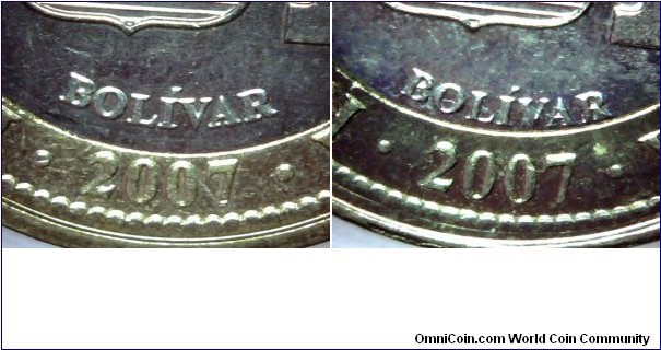 Venezuela 1 Bolivar 2007 - 2 different mint, details