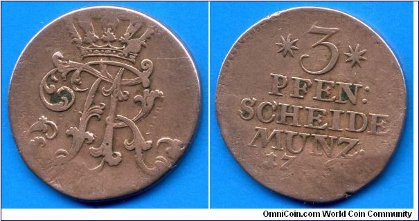 3 pfennige.
Kingdon of Prussia.
Friedrich Der Grosse (1740-1786).
*A* - Berlin mint.


Cu.