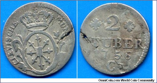 2 stuber.
Prussia-Cleve.
Friedrich Der Grosse (1740-1786).
*C* - Cleve mint.


Bilon.