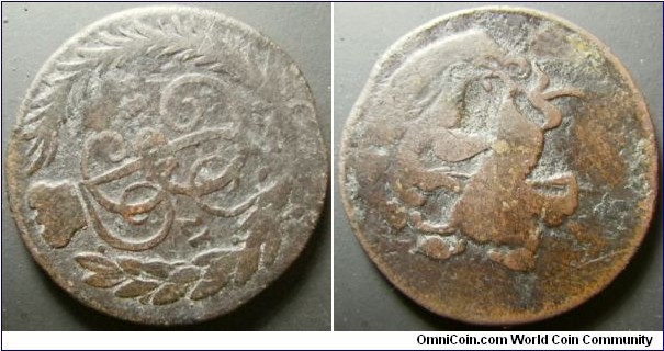 Russia 1788 1 kopek, no mintmark. Underimage of 1762 2 kopek. 