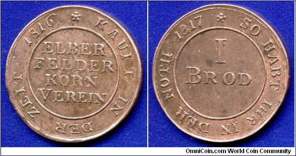 1 Brod Marke (Bread Mark).
*ELBERFELDER KORN VEREIN*.
Prussia, Elberfeld stadt.


Cu.