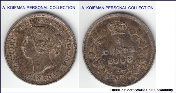 KM-2, 1888 Canada 5 cents; silver, reeded edge; good very fine dark toned.