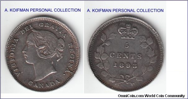 KM-2, 188893 Canada 5 cents; silver, reeded edge; very fine details, cleaned, few scratches.