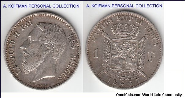 KM-29.1, 1867 Belgium franc; silver, reeded edge; very fine or so.