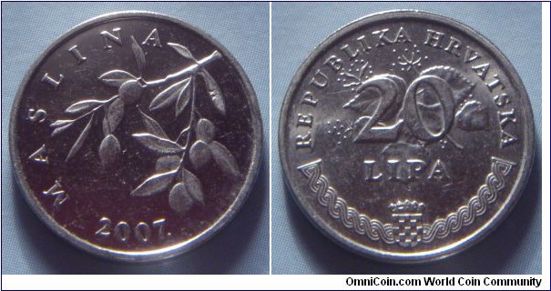 Croatia | 
20 Lipa, 2007 | 
18.5 mm, 2.9 gr. | 
Nickel plated Steel | 

Obverse: Branch of an Olive plant, date below | 
Lettering: MASLINA 2007. | 

Reverse:  Denomination on flowering linden, National Coat of Arms bottom | 
Lettering: REPUBLIKA HRVATSKA 20 LIPA |