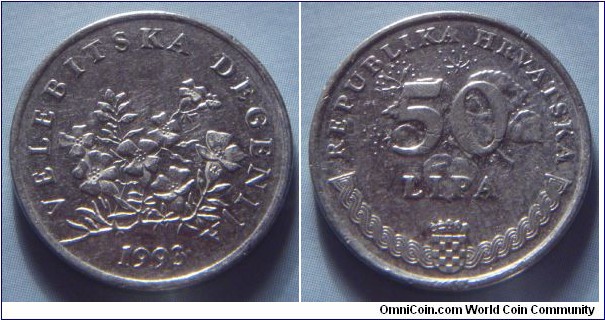 Croatia | 
50 Lipa, 1993 | 
20.5 mm, 3.65 gr. | 
Nickel plated Steel | 

Obverse: A sprig of the Velebit Degenia, date below | 
Lettering: VELEBITSKA DEGENIJA 1993 | 

Reverse:  Denomination on flowering linden, National Coat of Arms bottom | 
Lettering: REPUBLIKA HRVATSKA 50 LIPA |