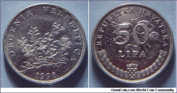 Croatia | 
50 Lipa, 1998 | 
20.5 mm, 3.65 gr. | 
Nickel plated Steel | 

Obverse: A sprig of the Velebit Degenia, date below | 
Lettering: DEGENIA VELEBITICA 1998. | 

Reverse:  Denomination on flowering linden, National Coat of Arms bottom | 
Lettering: REPUBLIKA HRVATSKA 50 LIPA |