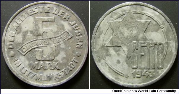 Poland (Lodz Ghetto) 1943 5 mark. Issued during the German occupation. Struck in aluminum-magnesium alloy. Most of these coins are found in poor condition. Weight: 1.40g. 