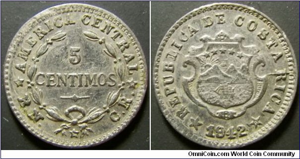 Costa Rica 1942 5 centimos overstruck over 1903 2 centimos. Nice condition. Weight: 1.11g. 