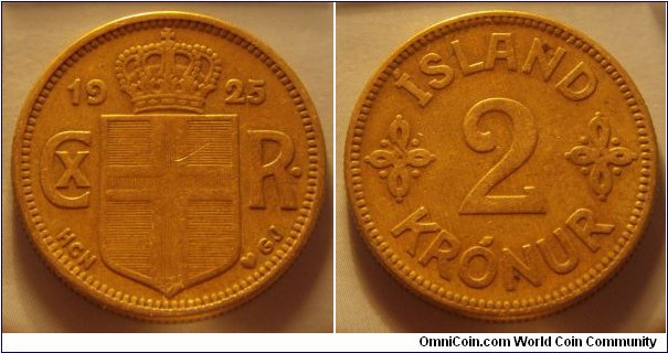 Iceland | 
2 Krónur, 1925 | 
27 mm, 9.53 gr. | 
Aluminium-bronze | 

Obverse: Crowned Coat of arms divides monogram date | 
Lettering: 1925 CX R• |

Reverse: Denomination | 
Lettering: ÍSLAND 2 KRÓNUR |