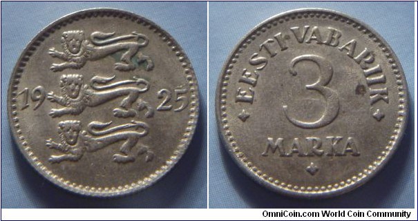 Estonia | 
3 Marka, 1925 | 
19.59 mm, 3.4 gr. | 
Nickel-bronze | 

Obverse: National Coat of Arms divides date | 
Lettering: 1925 | 

Reverse: Denomination | 
Lettering: • EESTI VABARIIK • 3 MARKA • |