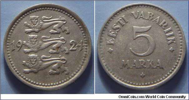 Estonia | 
5 Marka, 1924 | 
23 mm, 5 gr. | 
Nickel-bronze | 

Obverse: National Coat of Arms divides date | 
Lettering: 1924 | 

Reverse: Denomination | 
Lettering: • EESTI VABARIIK • 5 MARKA • |
