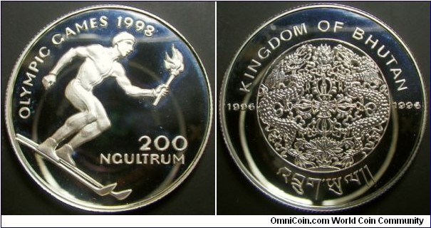 Bhutan 1996 200 ngultrum commemorating 1998 Olympics. In proof condition. Weight: 10.06g. 