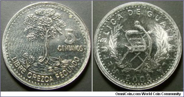 Guatemala 2008 5 centavos. Nice condition except for a finger print. Tiny coin. Weight: 1.60g. 