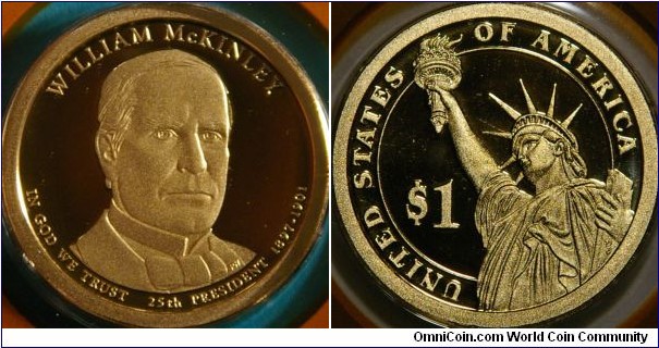 William McKinley, 25th President. 1 dollar coin essentially only available in mint sets.  26.5 mm, Manganese-Brass