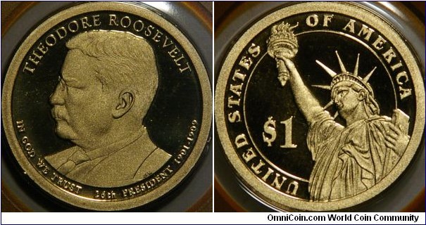 Teddy Roosevelt, 26th President.  Known for his anti-trust work, conservation, and construction of the Panama Canal. 26.5 mm, Manganese-Brass