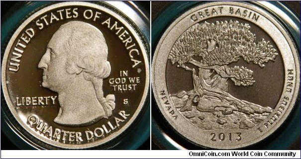 Great Basin, Nevada. 25 cents. Depicting a Bristlecone Pine tree. Ag. (ref. http://www.usmint.gov/mint_programs/atb/)