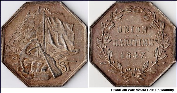 Scarcer silver jeton issued in 1847 for the `Union Maritime' a french maritime assurer inaugurated during the reign of Louis Philippe. 