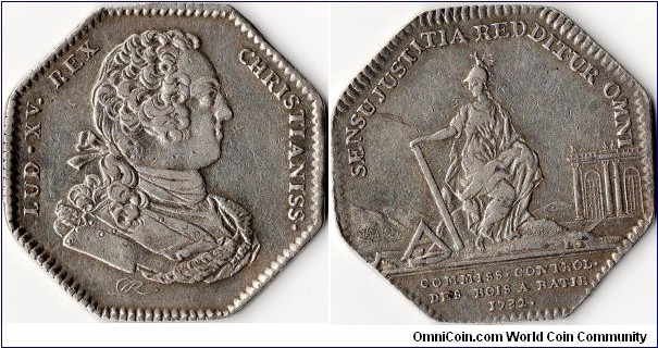 silver jeton issued in 1732 for the Commissioners and Controllers of the timber trade (Paris) during the reign of Louis XV.