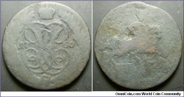 Russia 1760 1 kopek. Low grade. Weight: 10.44g. 