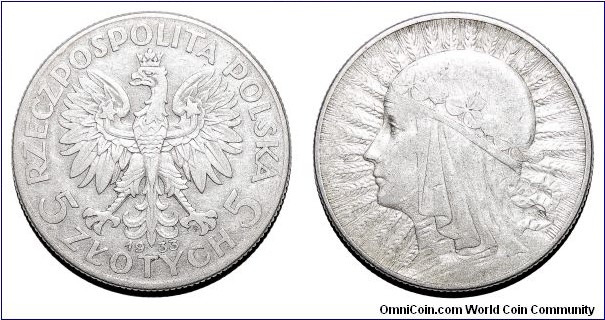 POLAND (2nd REPUBLIC)~5 Zlotych 1933. Queen Jadwiga. Mint: Warsaw