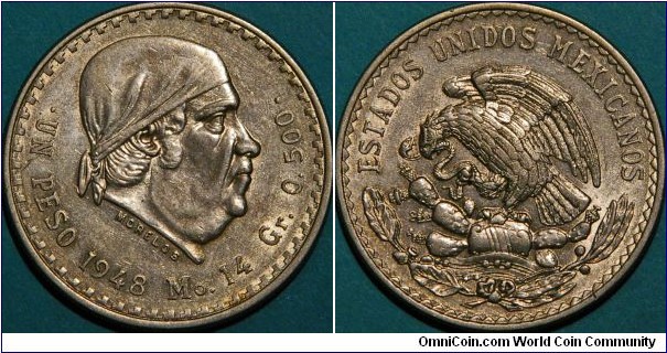 1 Peso, with Jose Morelos, priest and leader in war of independence. 32mm, 0.5Ag