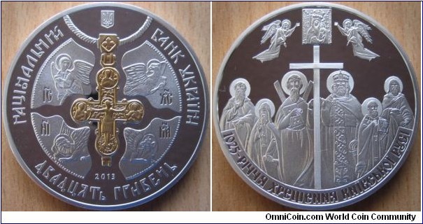 20 Hryvnia - 1025 years of christianization of Kievan Rus - 67.25 g Ag .925 Proof (partially gold plated) - mintage 3,500