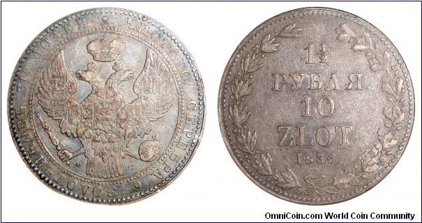 POLAND (CONGRESS KINGDOM)~1½ Ruble/10 Zlotych. Under the sovereignty of the Russian Empire. Mint: Warsaw.