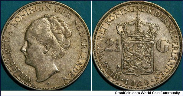 2.5 Gulden, Wilhelmina, 1st year of issue.  38mm, 0.72 Ag