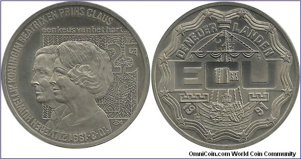 Nederlands 2½ Ecu 1991-Silver Wedding Anniversary