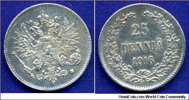 25 pennia.
The Grand Duchy of Finland in the Russian Empire.
Nicolaus II (1894-1917).
*S* - mintmaster Isak Gustaf Sundell, work in 1912-47.


Ag750f. 1,2747gr.