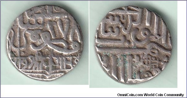 Kutch 
Khengarji I Silver One Kori.
It has a 'frozen date' of AH 978 (1570 AD), which was a date copied from Nawanagar coins at the time (under Muzaffar III), and does not apparently refer to any specific date of importance within Kutch. The first Kutch coins were modelled after those of Nawanagar, from which Kutch officially gained its autonomy in 1617 AD. This was also the year that Kutch obtained the rights to produce coinage in the name of its own rulers.
