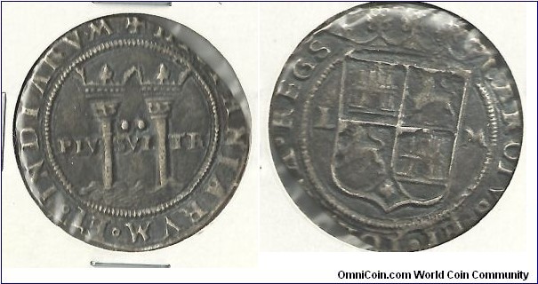 2 reales cob of Carolus and Johanna of Spain, Mexico City mint mark. Assayer L.  Second series, 1542-1572.  Sea salvaged.