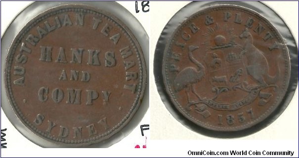 1 Penny Token, Hanks and Compy. Australian tea mart. Sydney.