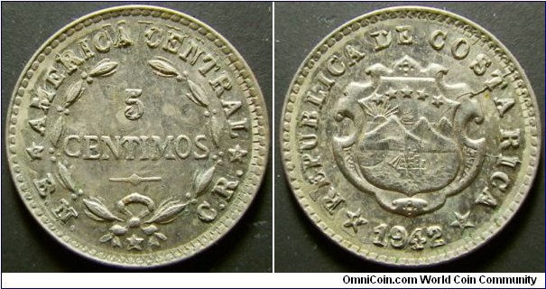 Costa Rica 1942 5 centimos overstruck over 1903 2 centimos. Nice condition. Weight: 1.10g. 