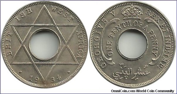 BritishWestAfrica 1/10 Penny 1934