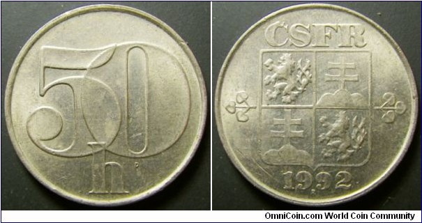 Czech and Slovak Federal Republic 1992 50 heller. Weight: 3.28g. 