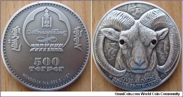 500 Togrog - Argali - 31.1 g Ag .999 silver antique finish (with 2 Swarovski crystals) - mintage 2,500