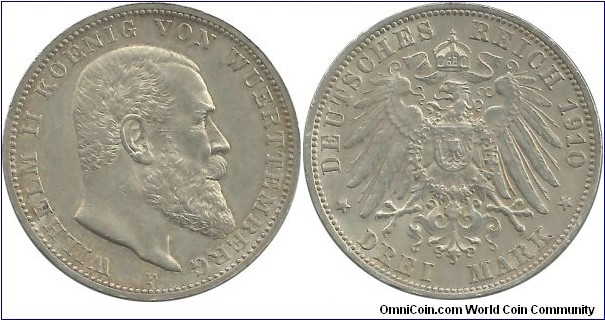 Germany-Reich 3 Mark 1910F - Wüerttemberg