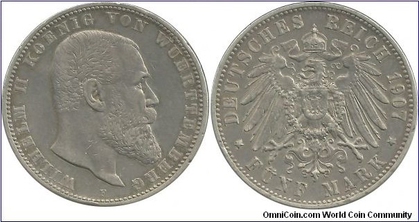 Germany-Reich 5 Mark 1907F - Wüerttemberg