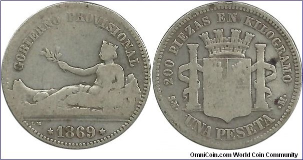 Spain 1 Peseta 1869 - Provisional Government