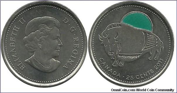 Canada 25 Cents 2011-Wood Bison-green