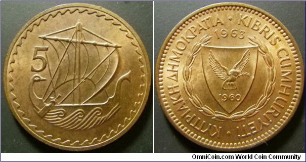 Cyprus 1963 5 mils. Weight: 5.77g.  