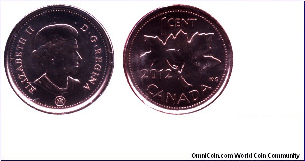 Canada, 1 cent, 2012, Maple twig, Queen Elizabeth II.