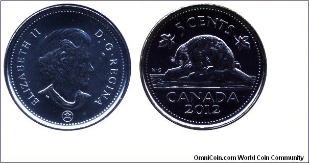 Canada, 5 cents, 2012, Beaver, Queen Elizabeth II.