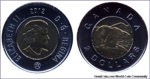 Canada, 2 dollars, 2012, bi-metallic, Polar Bear, Queen Elizabeth II.