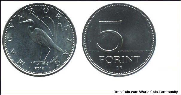 Hungary, 5 forints, 2012, Great White Egret, Inscription: Magyarország (Hungary).